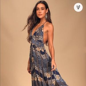 Annalisa Blue Multi Floral Print Halter Maxi Dress